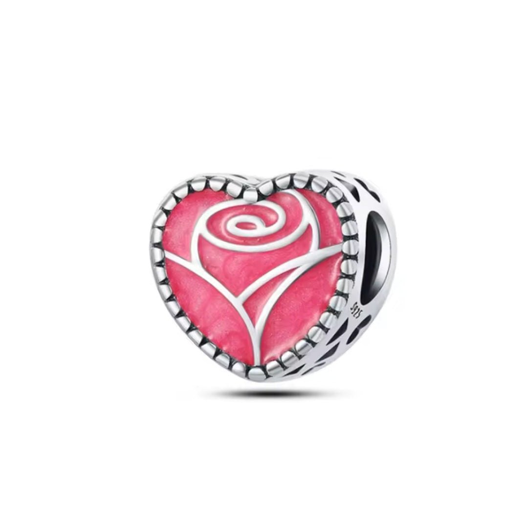 Sterling Silver Pink Rose Heart Charm - Enchanting Charms
