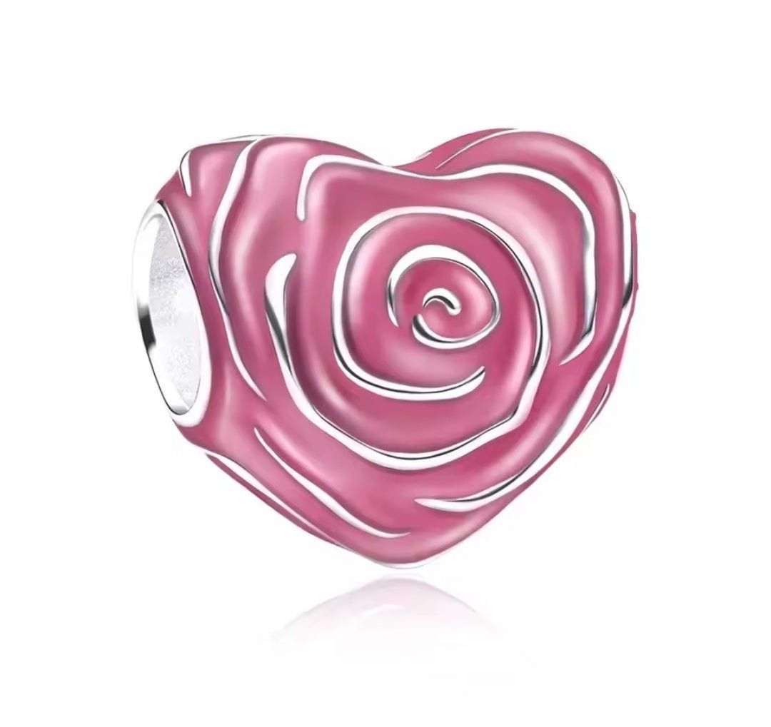 Sterling Silver Pink Rose Heart Charm - Enchanting Charms