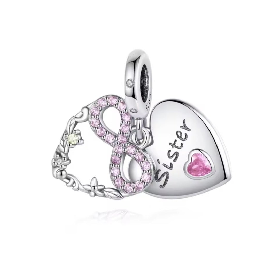 Sterling Silver Pink Sparkling Heart Infinity Sister Charm - Enchanting Charms