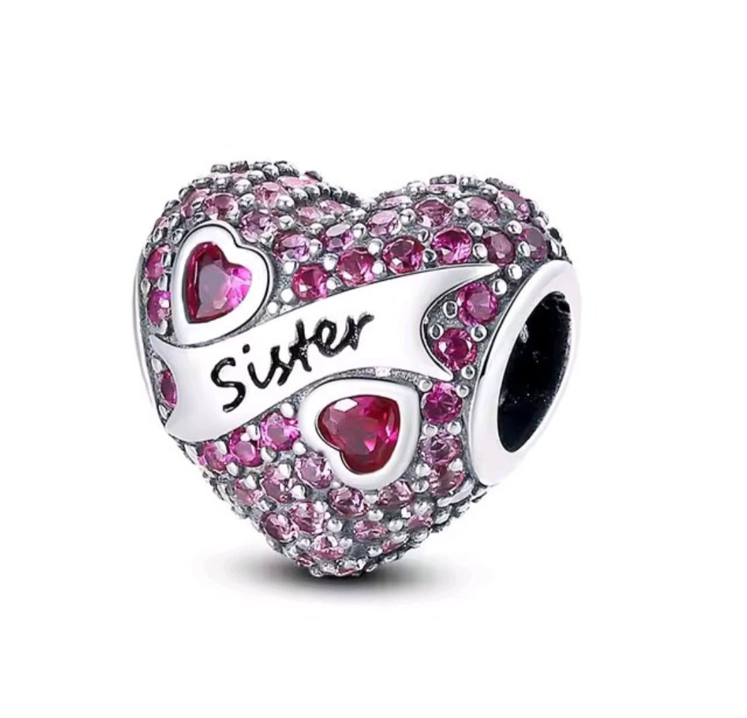 Sterling Silver Pink Sparkling Heart Sister Charm - Enchanting Charms