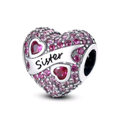 Sterling Silver Pink Sparkling Heart Sister Charm - Enchanting Charms