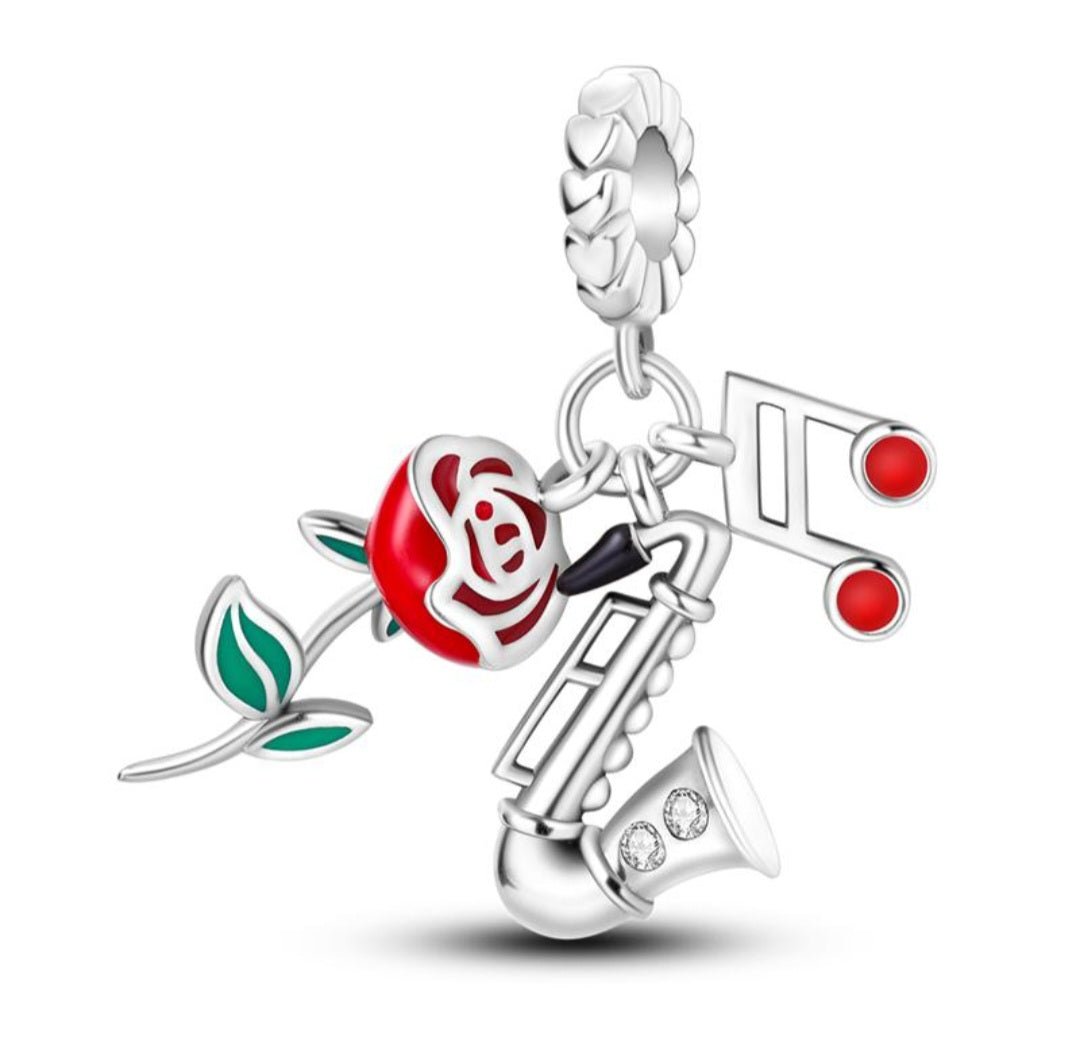 Sterling Silver Red Rose Saxophone Music Note Charm - Enchanting Charms