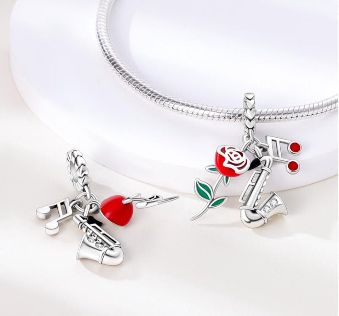 Sterling Silver Red Rose Saxophone Music Note Charm - Enchanting Charms