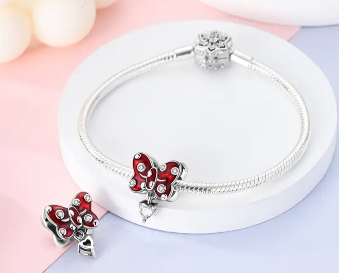 Sterling Silver Red Sparkling Polka Dot Bow Charm - Enchanting Charms