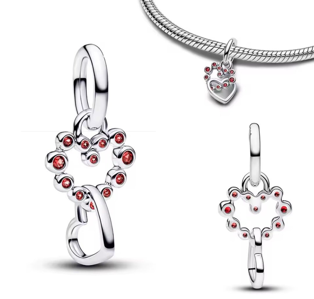 Sterling Silver Red Stone Connected Hearts Charm - Enchanting Charms