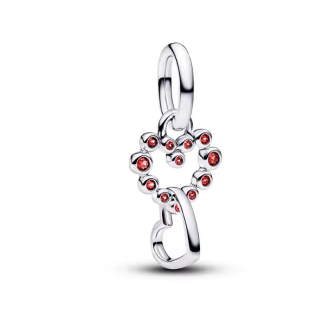 Sterling Silver Red Stone Connected Hearts Charm - Enchanting Charms