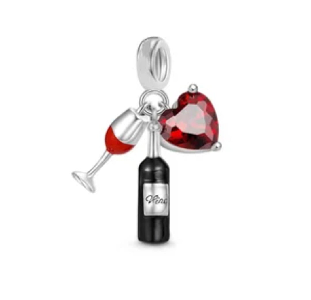 Sterling Silver Red Wine & Glass Heart Charm - Enchanting Charms