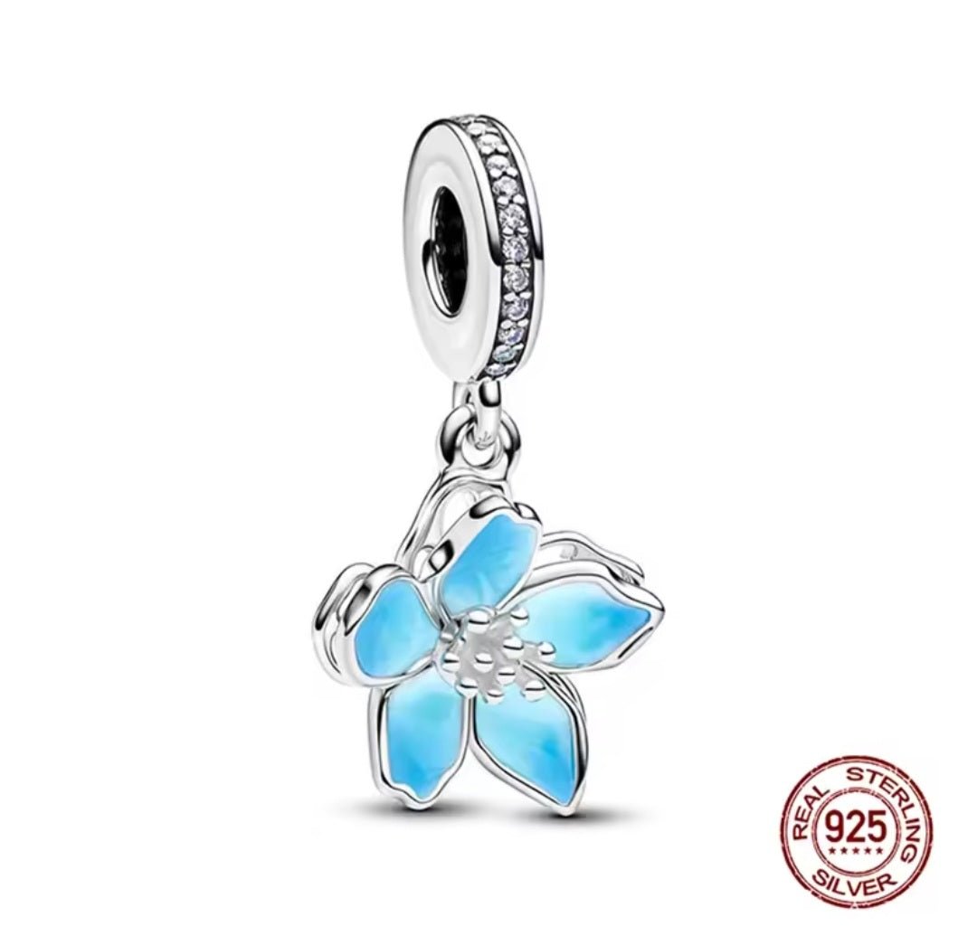Sterling Silver Sparkling Blue Blossom Flower Charm - Enchanting Charms