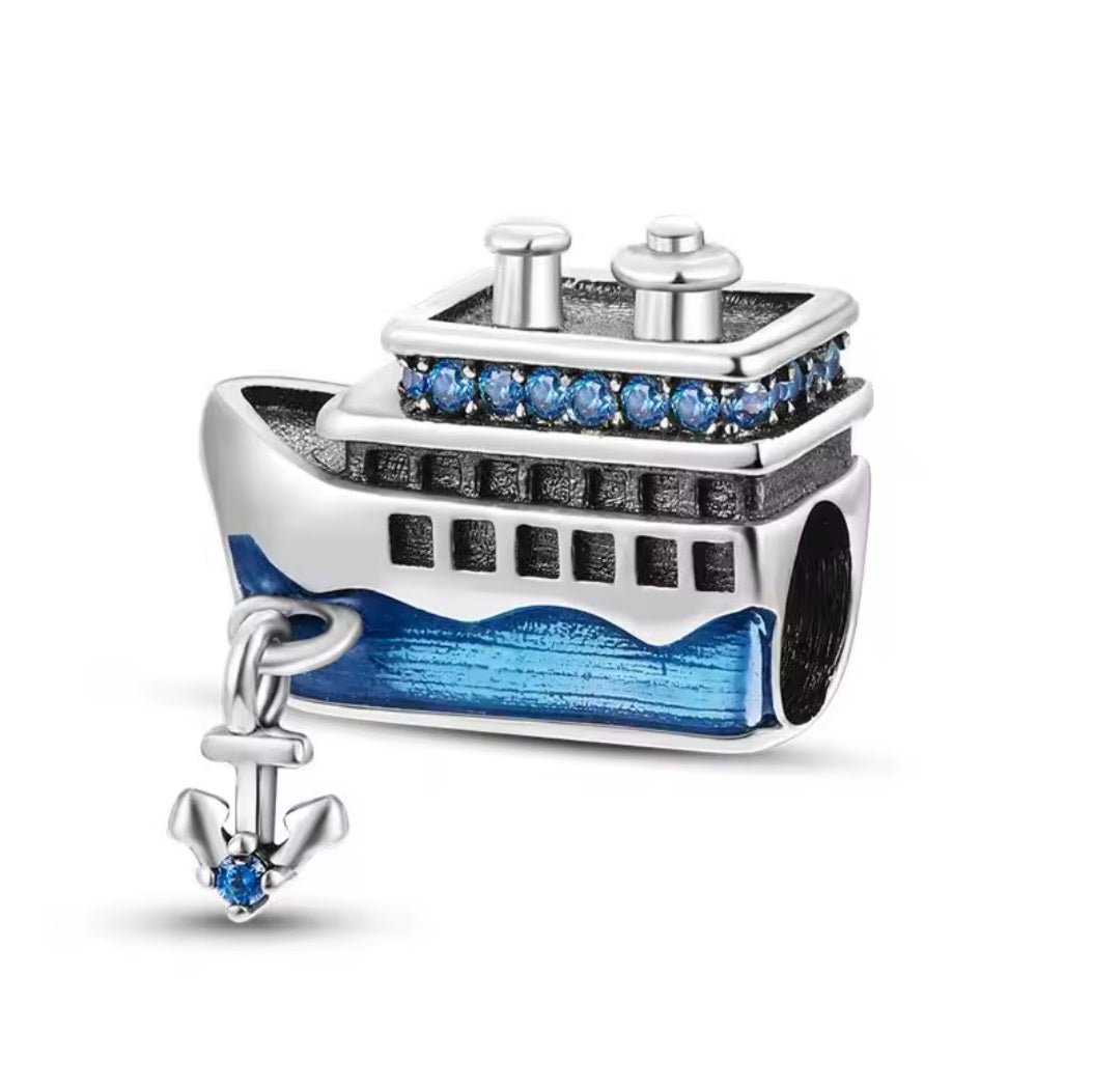 Sterling Silver Sparkling Blue Cruise Ship Charm - Enchanting Charms