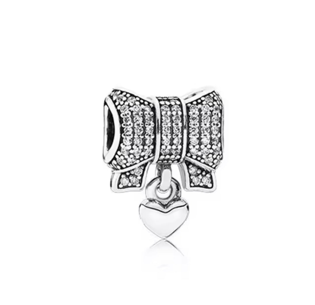 Sterling Silver Sparkling Bow With Heart Charm - Enchanting Charms