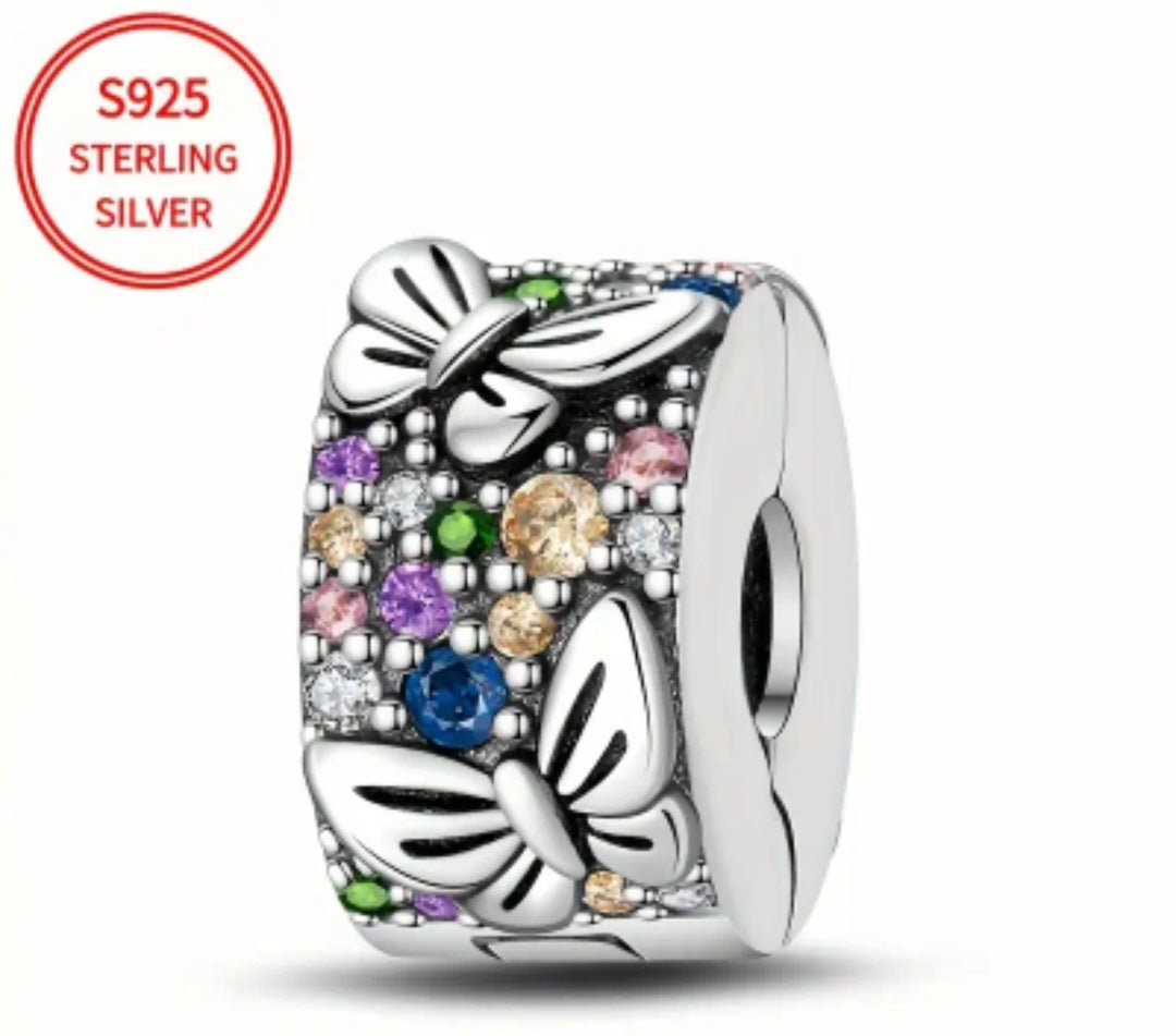 Sterling Silver Sparkling Butterflies Clip Stopper Charm - Enchanting Charms