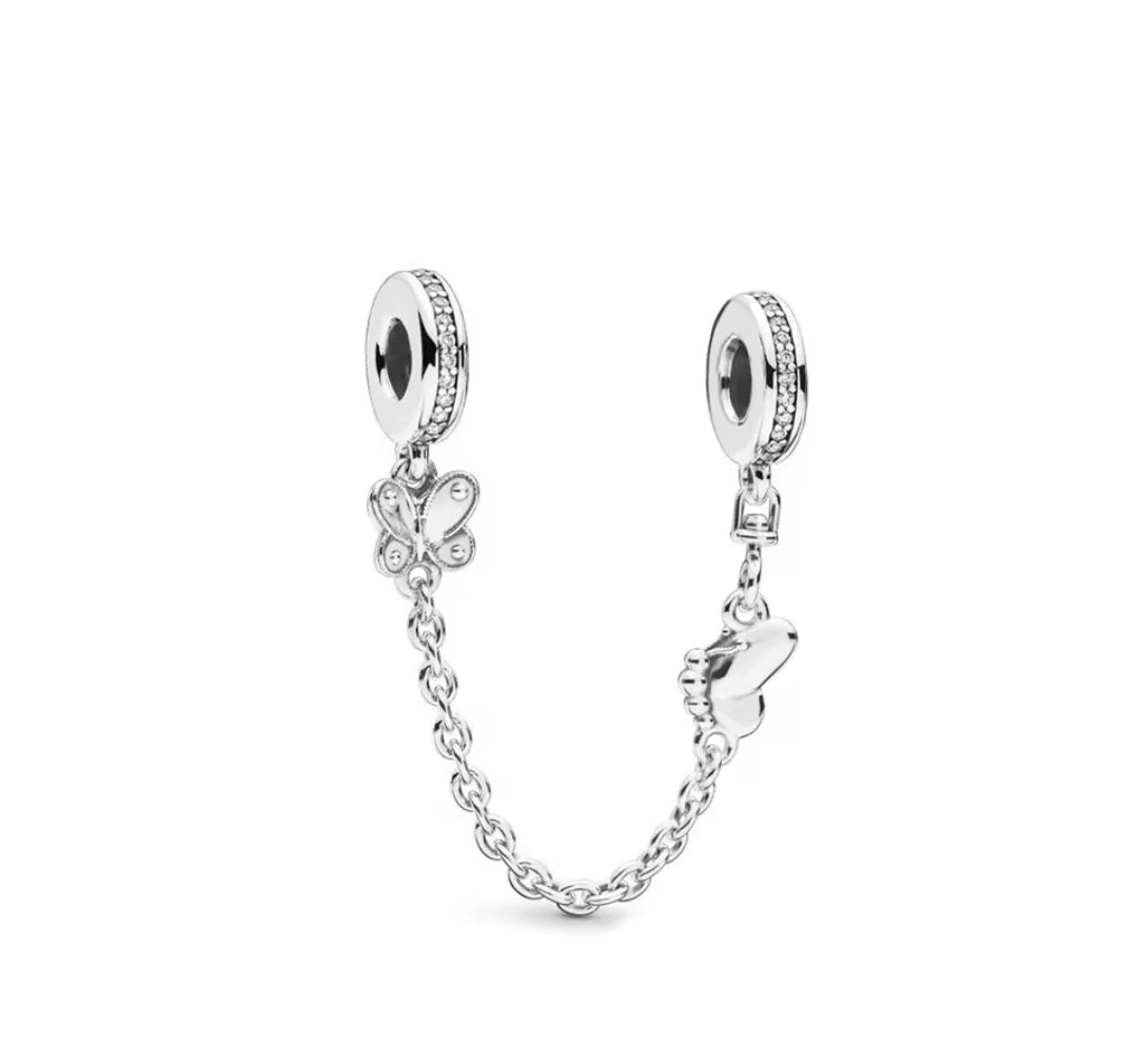 Sterling Silver Sparkling Butterflies Safety Chain Charm - Enchanting Charms