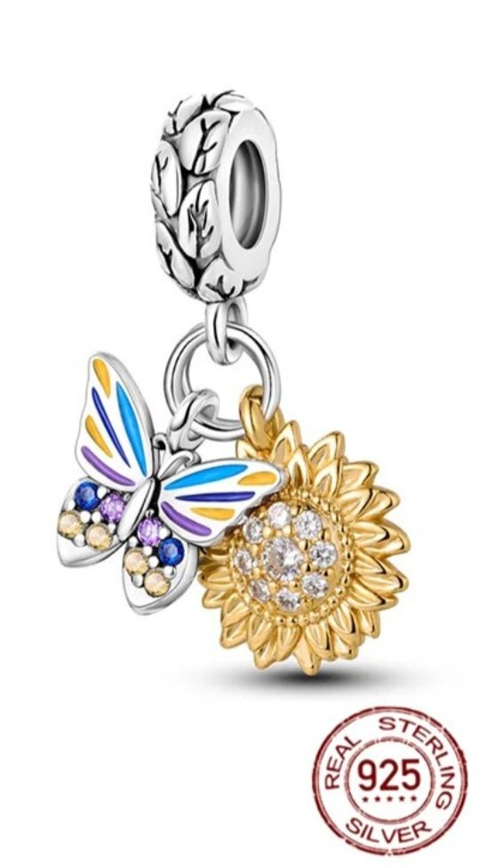 Sterling Silver Sparkling Butterfly Sunflower Charm - Enchanting Charms