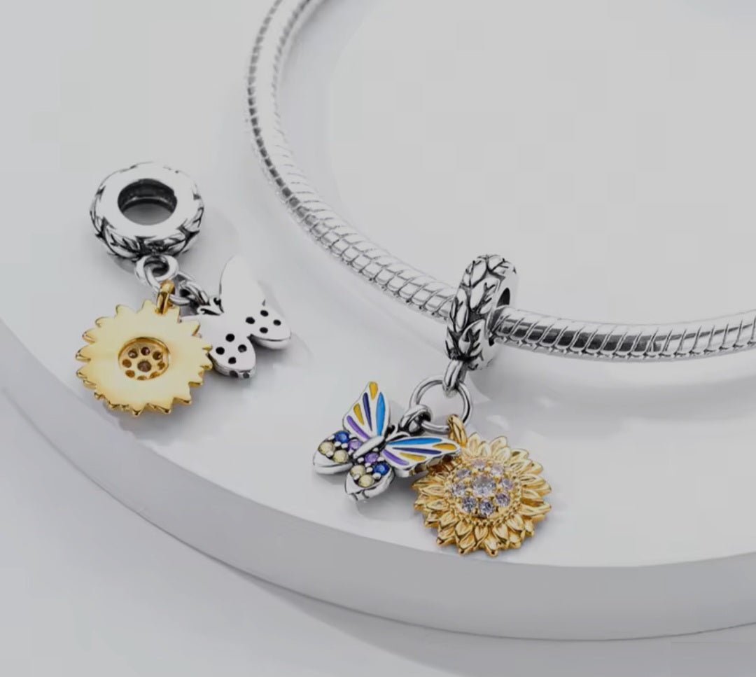 Sterling Silver Sparkling Butterfly Sunflower Charm - Enchanting Charms