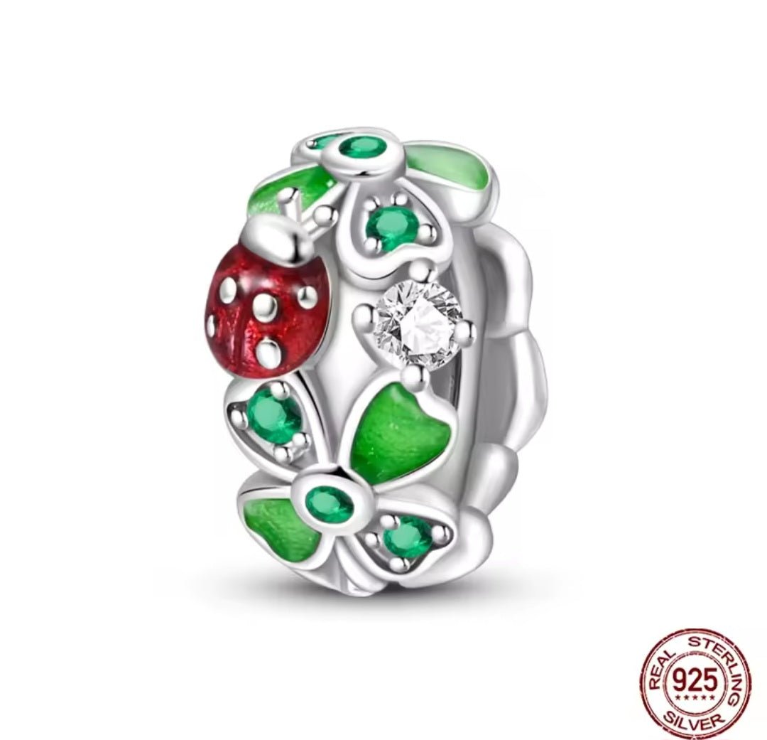 Sterling Silver Sparkling Clover And Ladybird Charm - Enchanting Charms