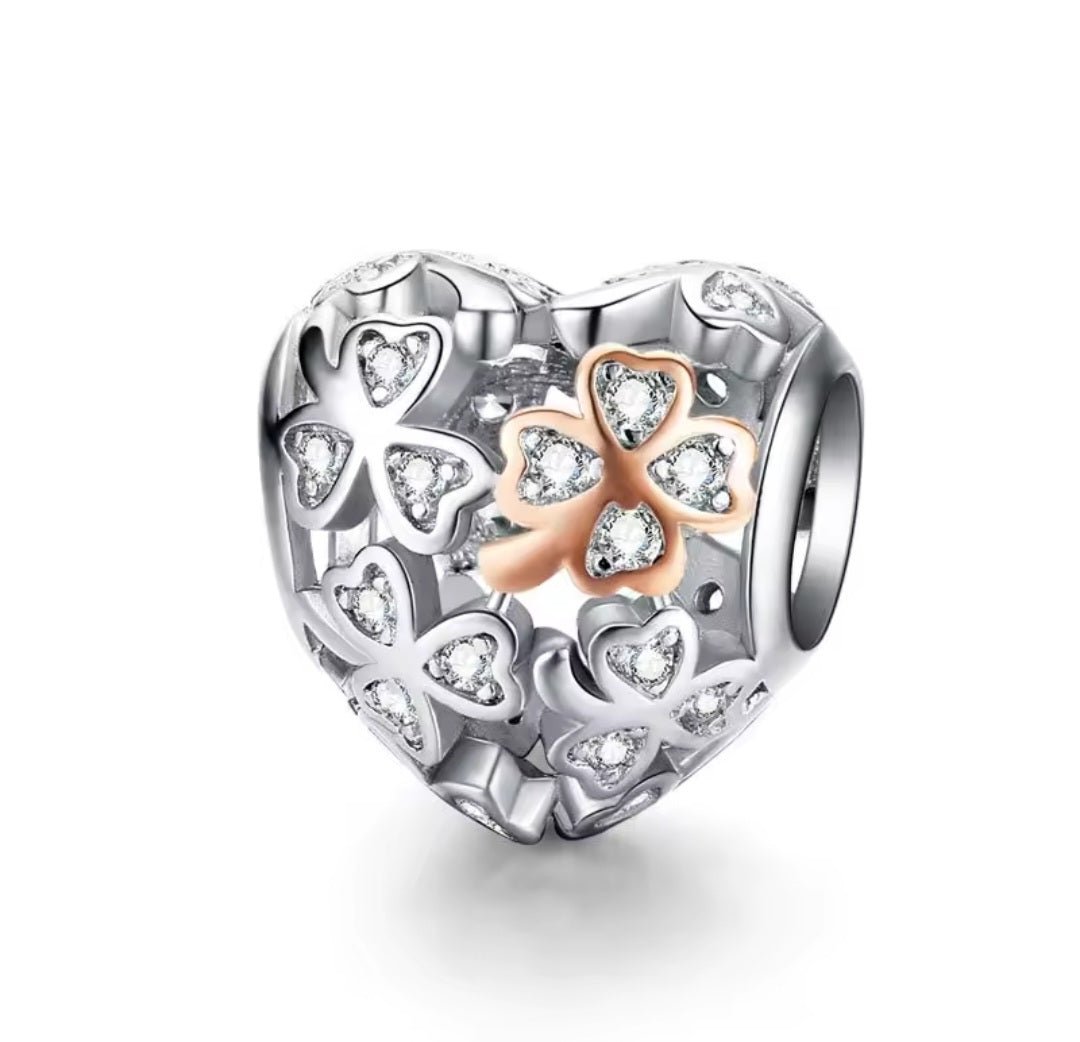 Sterling Silver Sparkling Clover Heart Charm - Enchanting Charms