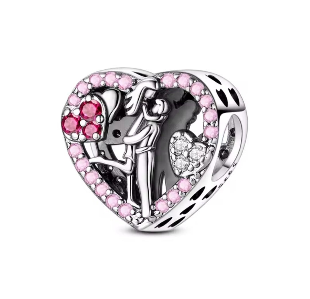 Sterling Silver Sparkling Couple Live Heart Charm - Enchanting Charms