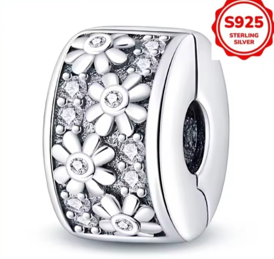 Sterling Silver Sparkling Daisies Clip Stopper Charm - Enchanting Charms