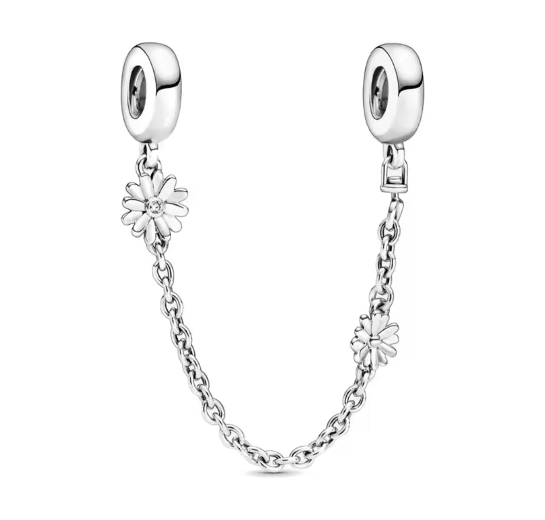 Sterling Silver Sparkling Daisies Safety Chain Charm - Enchanting Charms