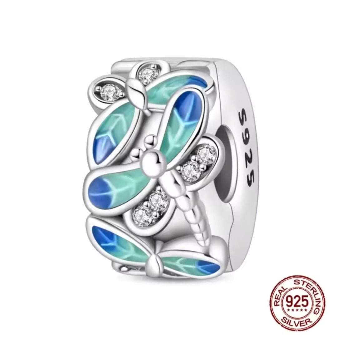 Sterling Silver Sparkling Dragonfly Clip Stopper Charm - Enchanting Charms
