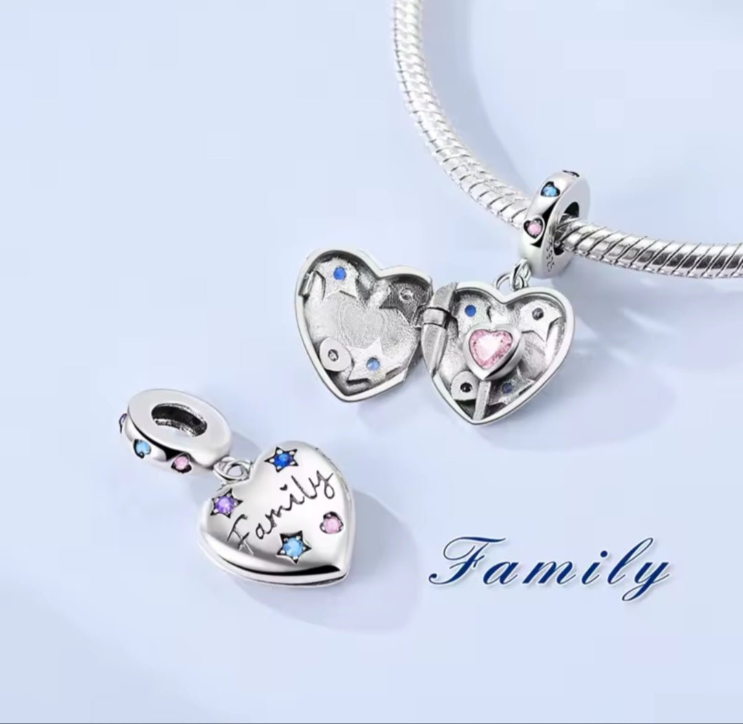 Sterling Silver Sparkling Family Heart Openable Heart Charm - Enchanting Charms