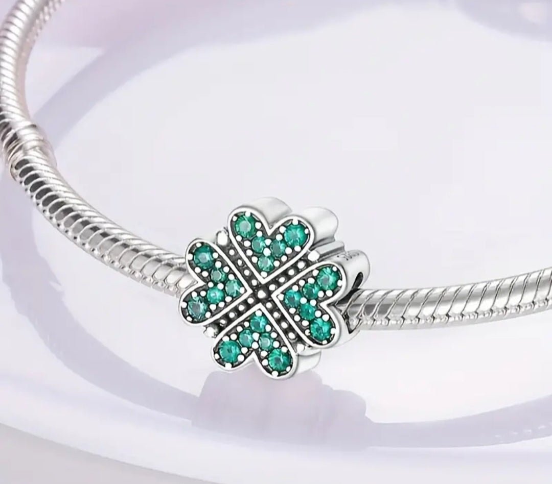 Sterling Silver Sparkling Green Cliver Hearts Charm - Enchanting Charms