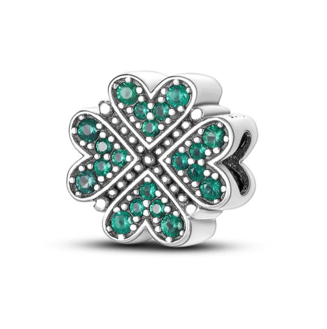 Sterling Silver Sparkling Green Cliver Hearts Charm - Enchanting Charms