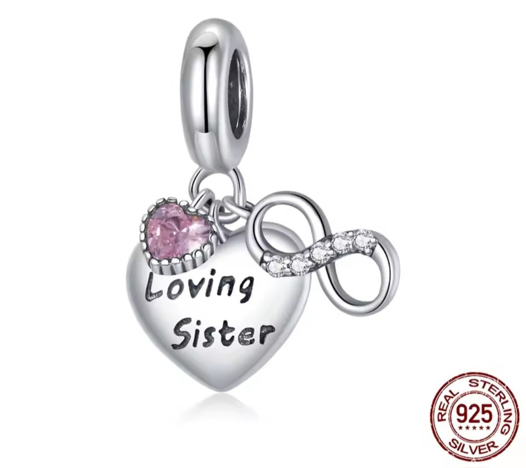 Sterling Silver Sparkling Heart Loving Sister Charm - Enchanting Charms