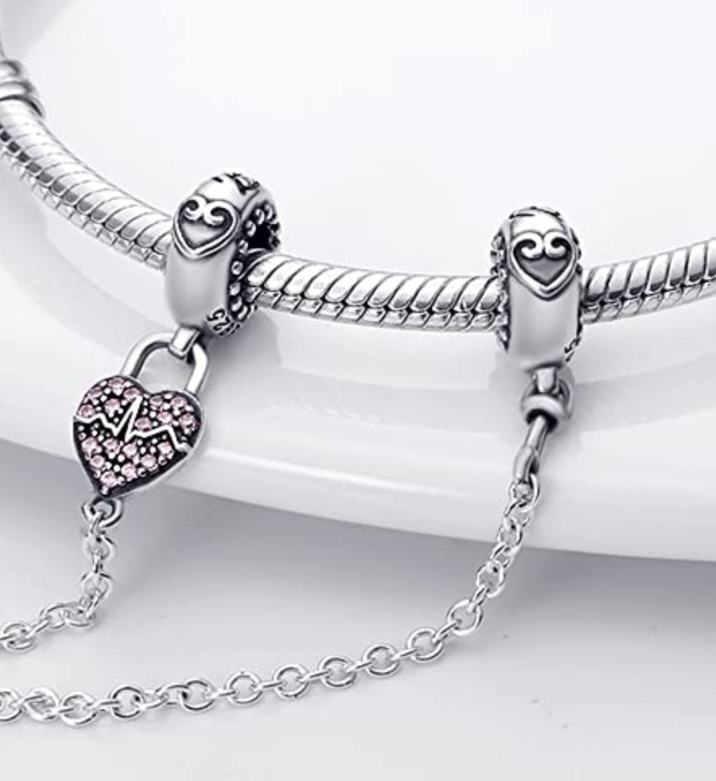 Sterling Silver Sparkling Heart Safety Chain Charm - Enchanting Charms