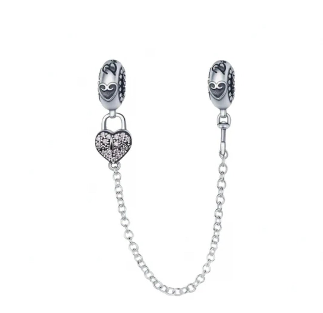 Sterling Silver Sparkling Heart Safety Chain Charm - Enchanting Charms