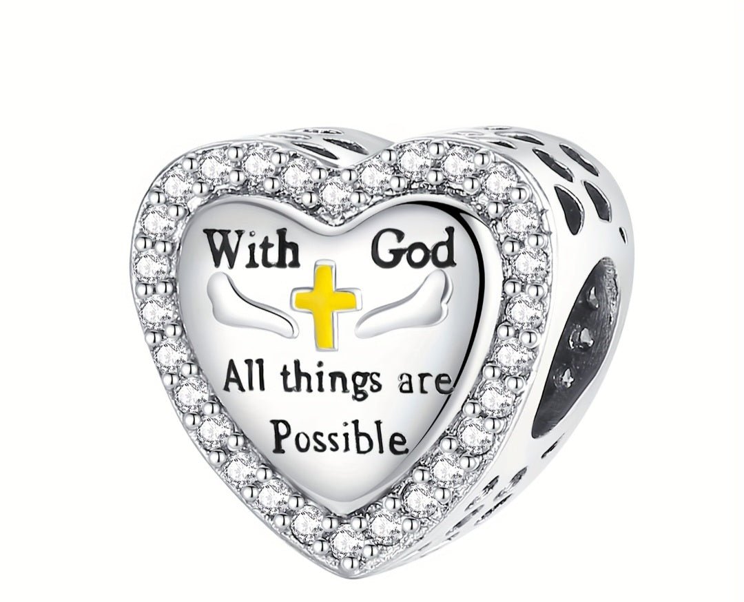 Sterling Silver Sparkling Heart With God All Things Are Possible Charm - Enchanting Charms