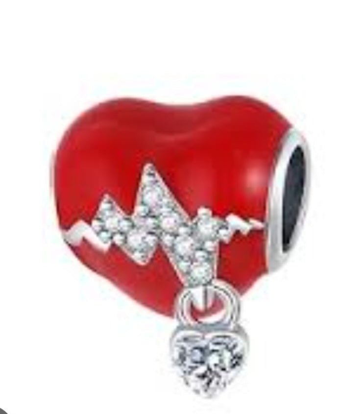 Sterling Silver Sparkling Heartbeat Red Heart Charm - Enchanting Charms