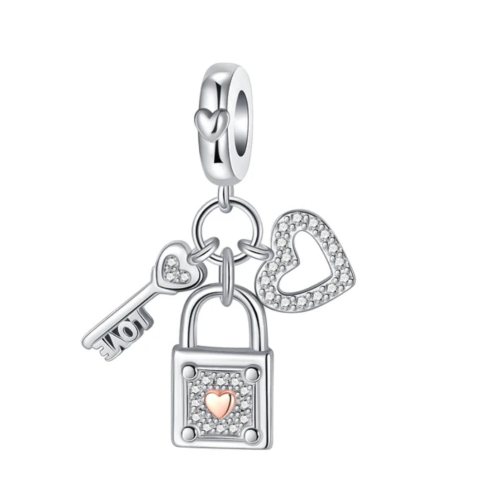 Sterling Silver Sparkling Key Padlock And Heart Charm - Enchanting Charms