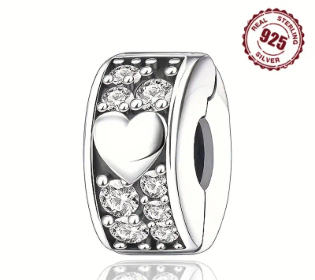 Sterling Silver Sparkling Love Clip Stopper Charm - Enchanting Charms