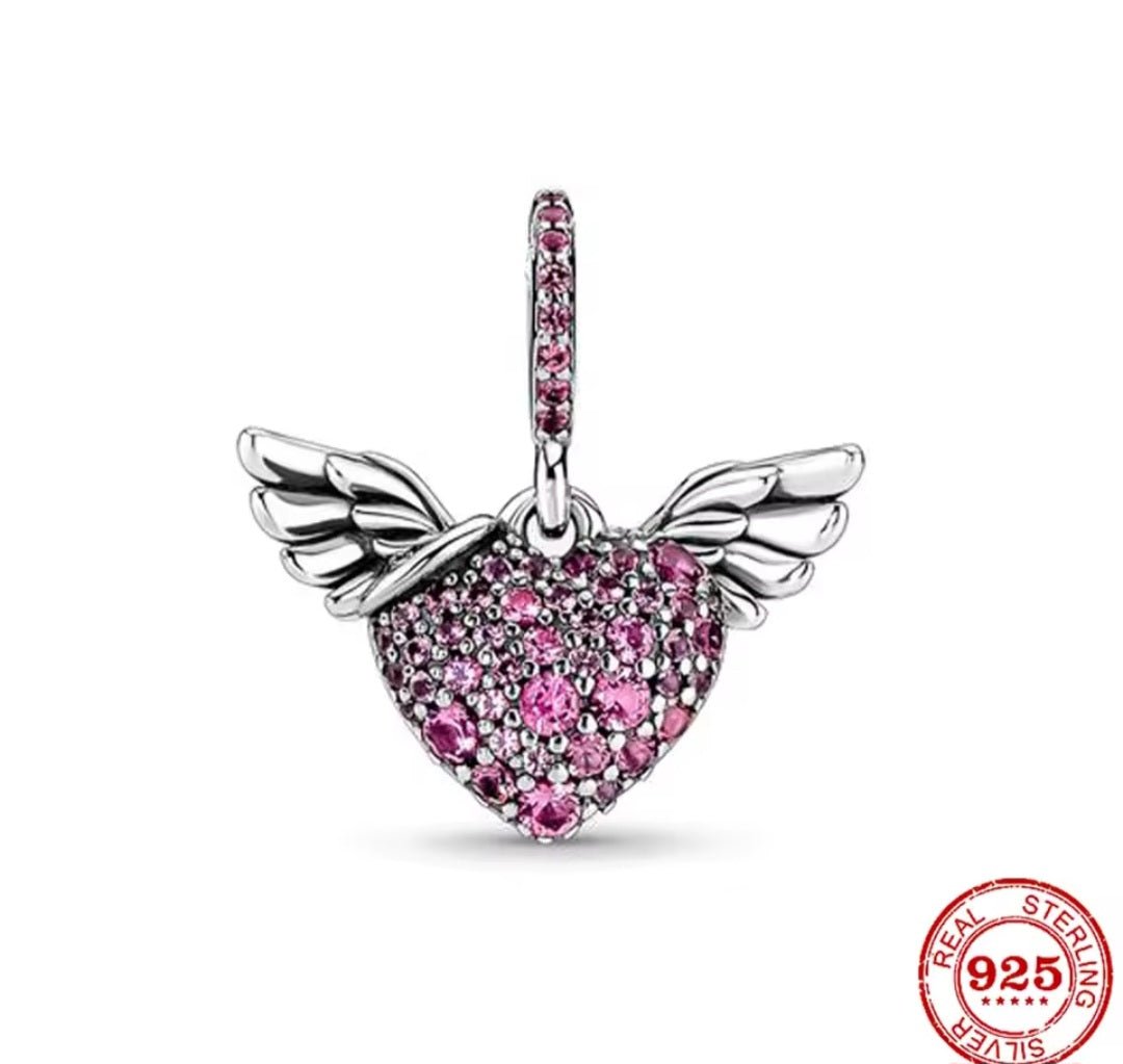 Sterling Silver Sparkling Pink Angel Wings Charm - Enchanting Charms