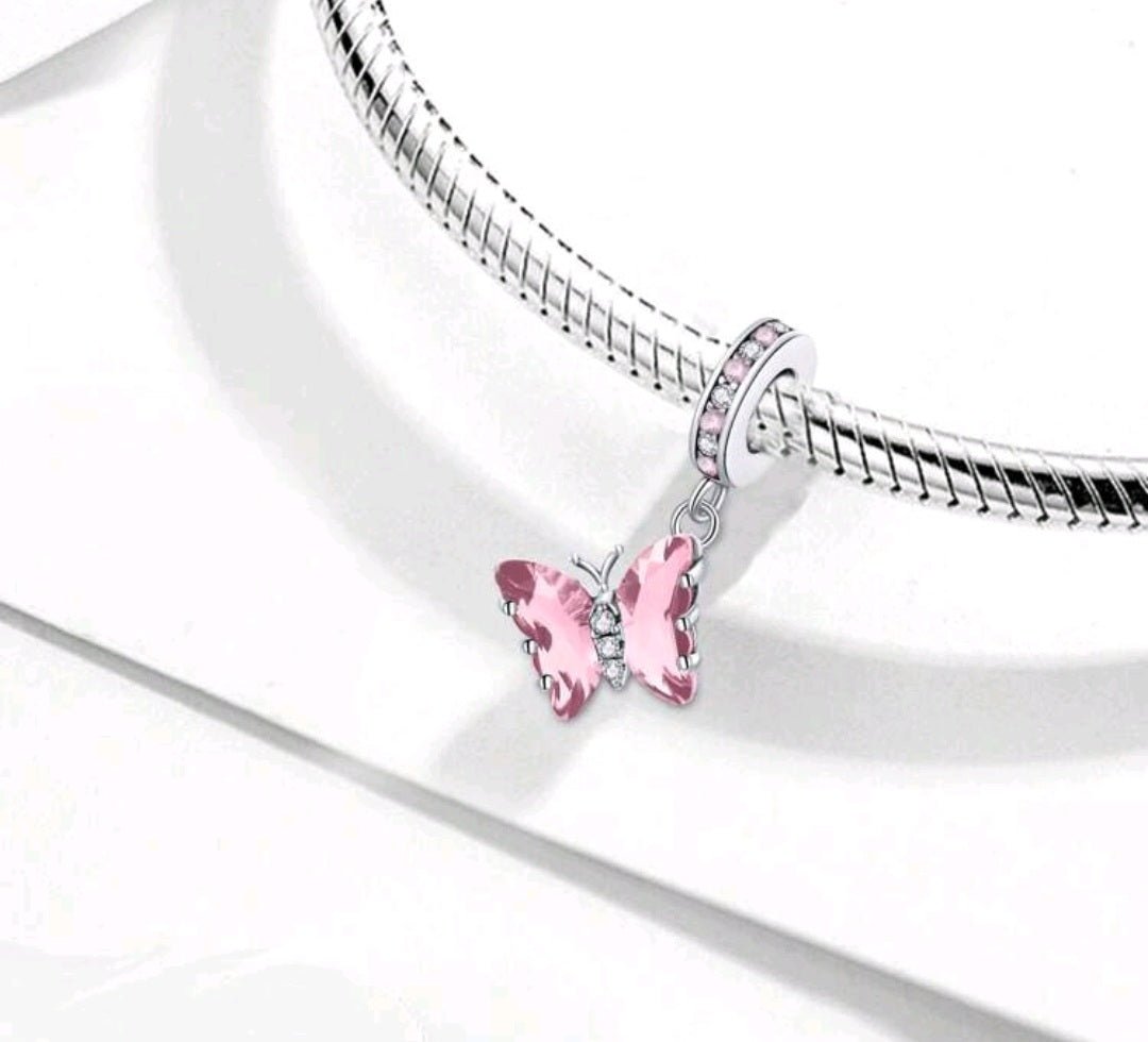 Sterling Silver Sparkling Pink Butterfly Charm - Enchanting Charms