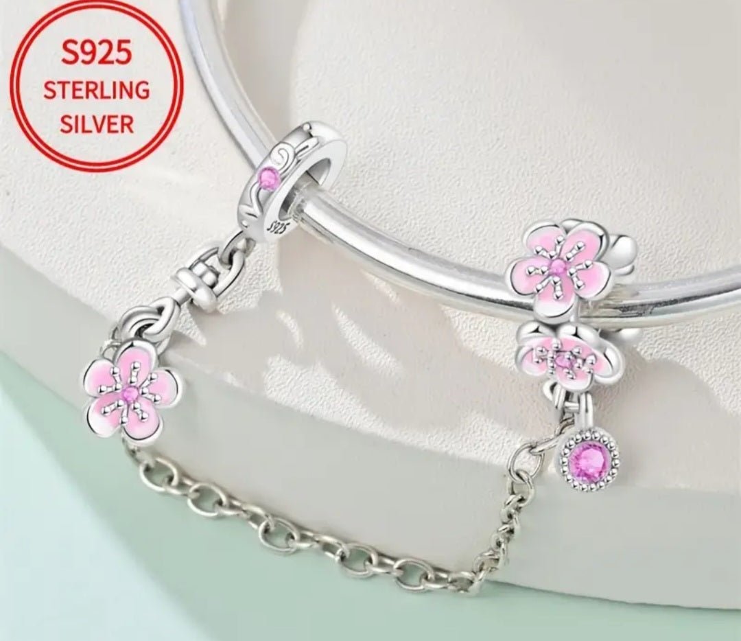 Sterling Silver Sparkling Pink Flower Safety Chain Charm - Enchanting Charms