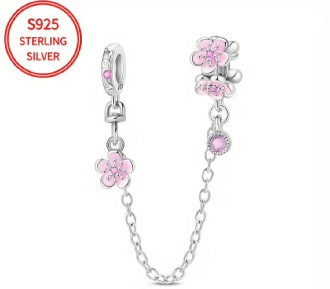 Sterling Silver Sparkling Pink Flower Safety Chain Charm - Enchanting Charms