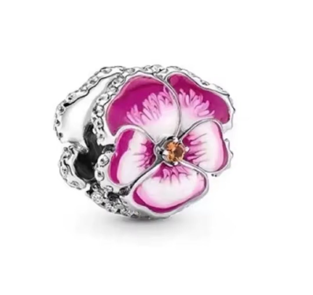 Sterling Silver Sparkling Pink Pansy Flower Charm - Enchanting Charms