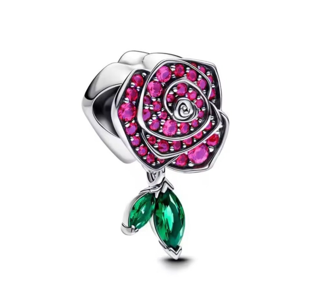 Sterling Silver Sparkling Rose In Bloom Charm - Enchanting Charms