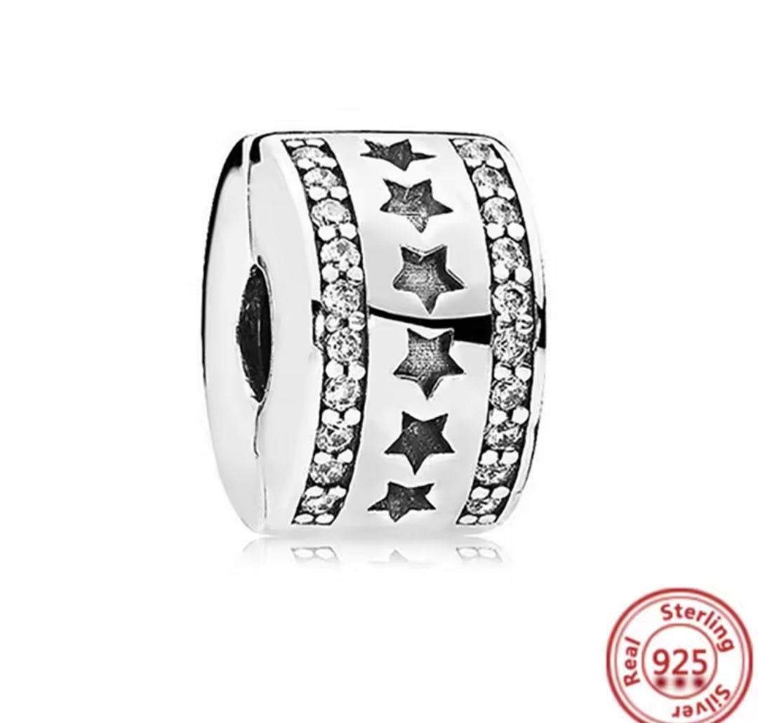Sterling Silver Sparkling Stars In A Row Clip Stopper Charm - Enchanting Charms