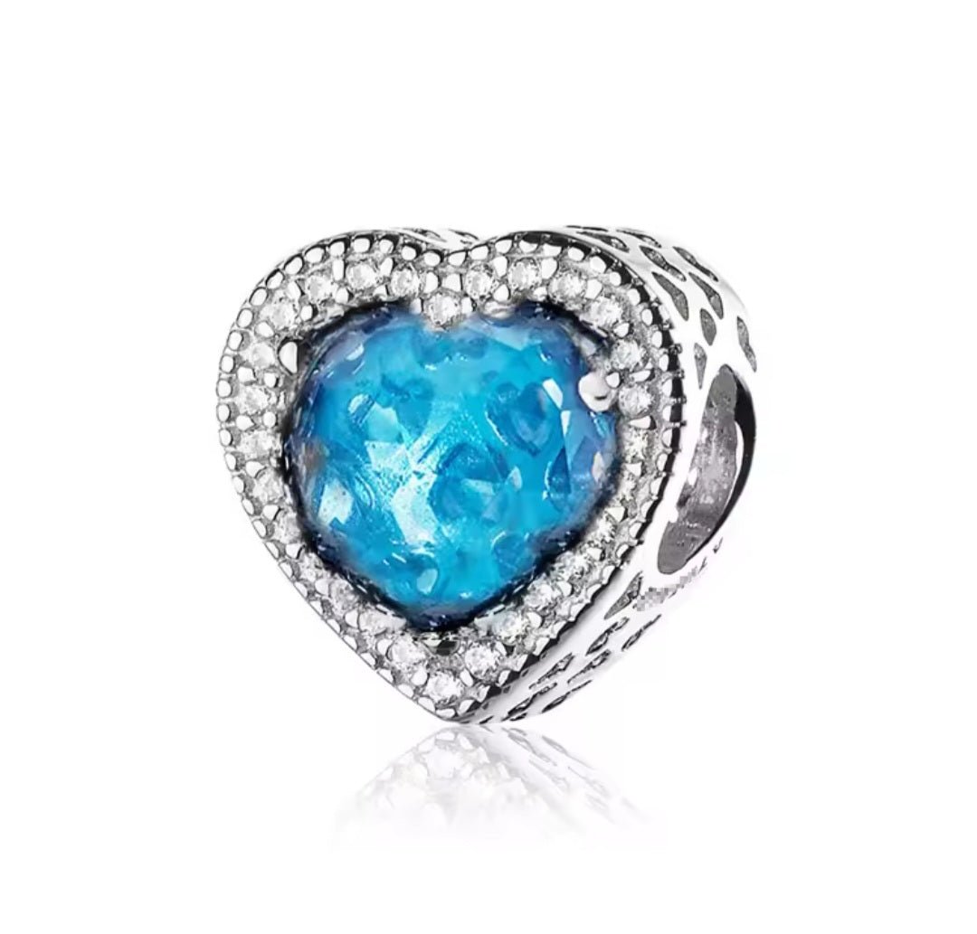 Sterling Silver Sparkling Turquoise Blue Heart Charm - Enchanting Charms