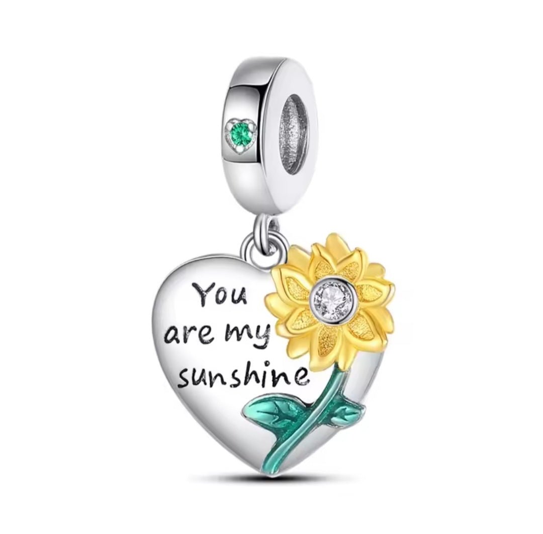 Sterling Silver Sparkling You Are My Sunshine Heart Charm - Enchanting Charms