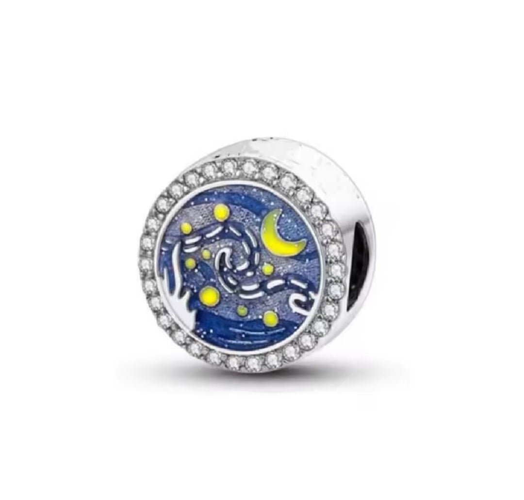 Sterling Silver Starry Night Van Gogh Art Sparkling Charm - Enchanting Charms