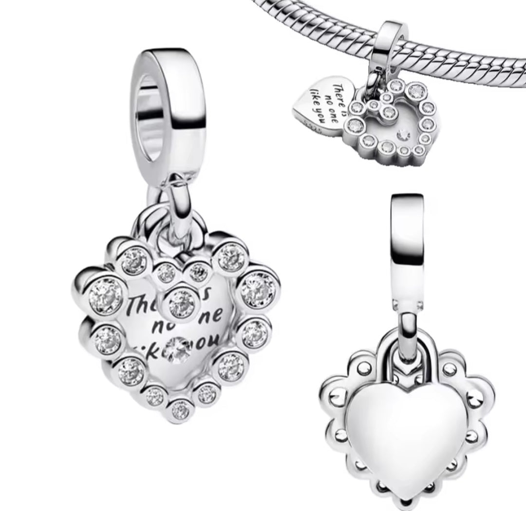 Sterling Silver There is No One Like You Sparkling Heart Charm - Enchanting Charms