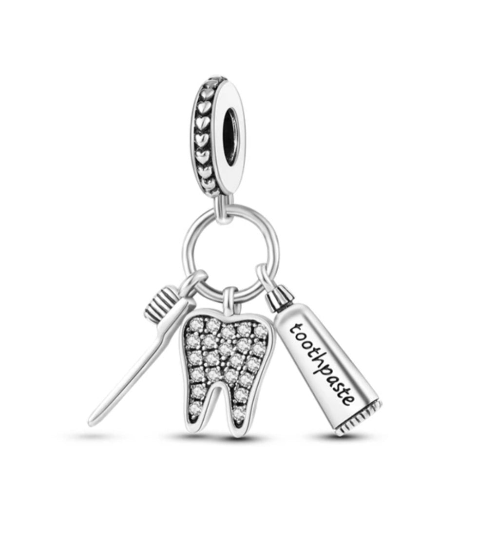 Sterling Silver Toothbrush Tooth And Toothpaste Charm - Enchanting Charms