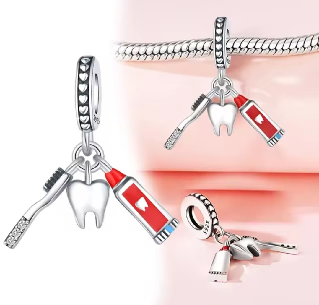 Sterling Silver Toothbrush Tooth And Toothpaste Charm - Enchanting Charms