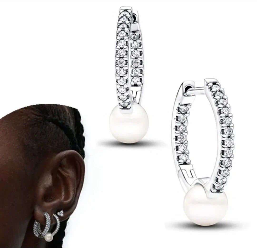 Sterling Silver Treated Freshwater Cultured Pearl & Pavé Hoop Earrings - Enchanting Charms