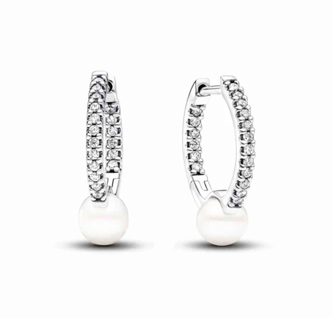 Sterling Silver Treated Freshwater Cultured Pearl & Pavé Hoop Earrings - Enchanting Charms