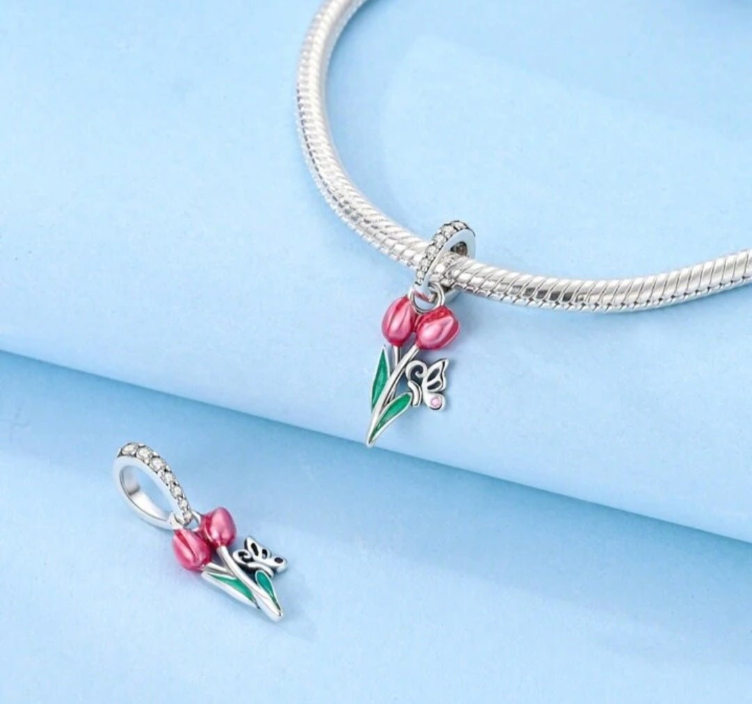 Sterling Silver Tulips And Butterfly Charm - Enchanting Charms